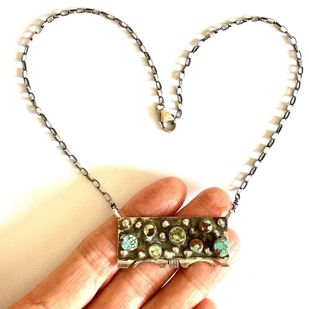 Modern Navajo #8 Mine Turquoise Bar Necklace 18in Signed Francisco Sterling